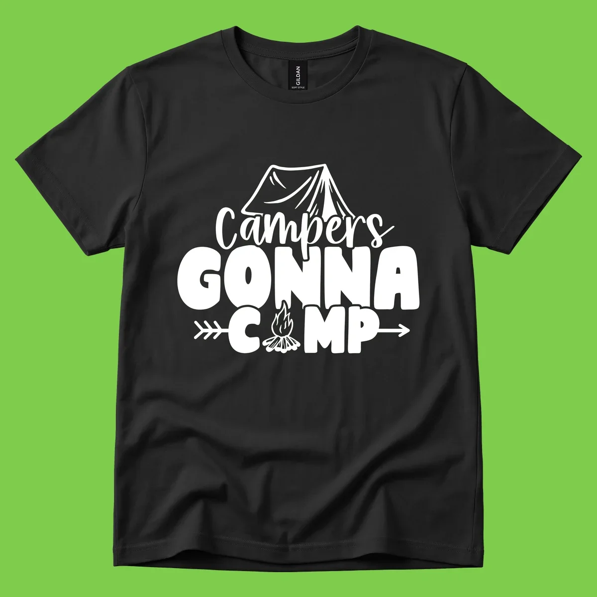 White text design reading 'Campers GONNA CAMP' with tent and campfire illustrations on gray background