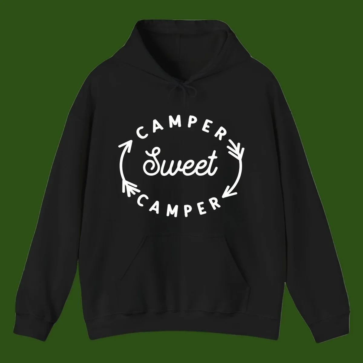 Circular badge design with 'Camper Sweet Camper' text and pine branch decorations in white on gray background