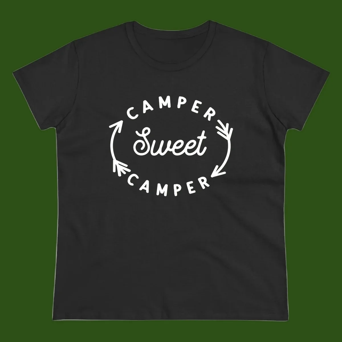 Circular badge design with 'Camper Sweet Camper' text and pine branch decorations in white on gray background