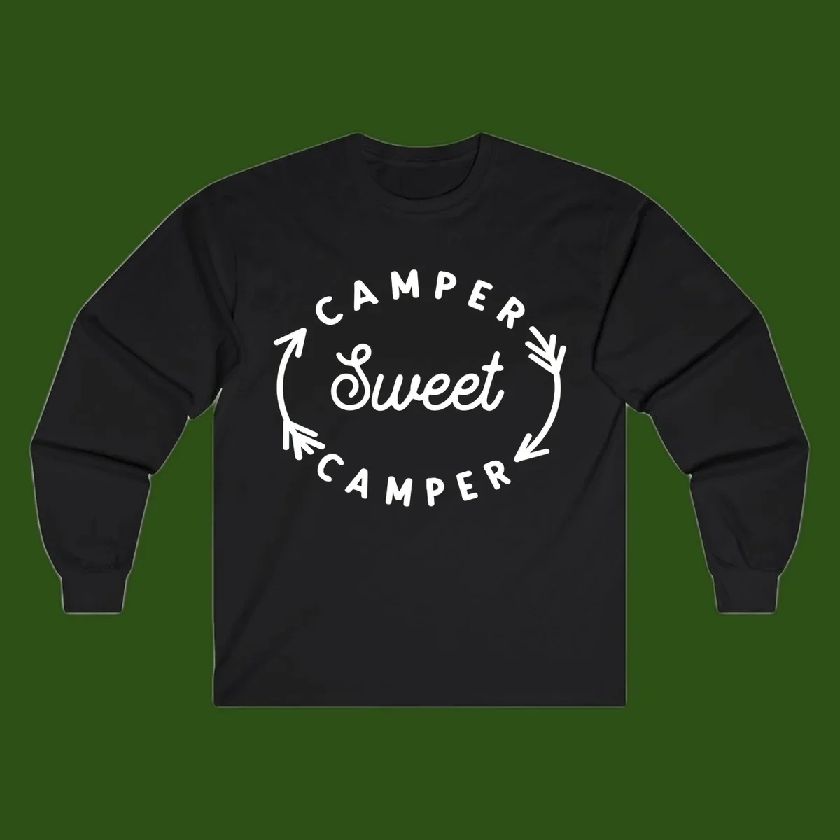 Circular badge design with 'Camper Sweet Camper' text and pine branch decorations in white on gray background