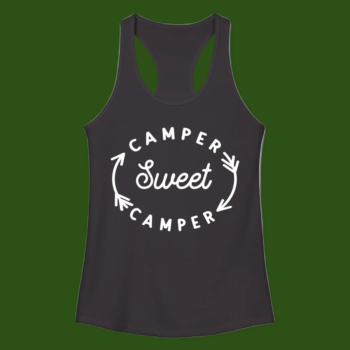 Circular badge design with 'Camper Sweet Camper' text and pine branch decorations in white on gray background