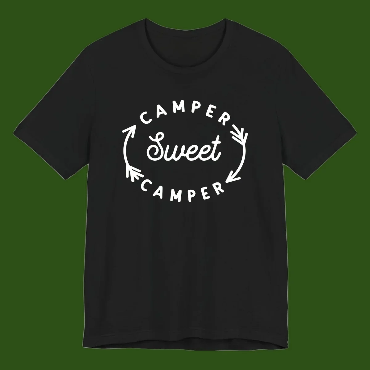 Circular badge design with 'Camper Sweet Camper' text and pine branch decorations in white on gray background