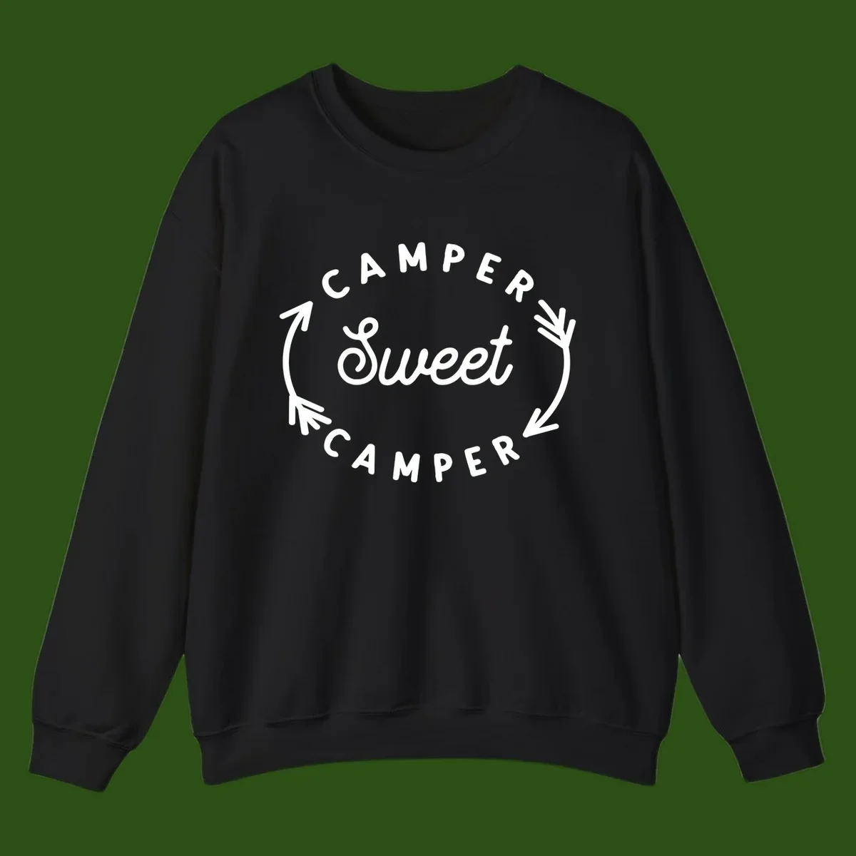 Circular badge design with 'Camper Sweet Camper' text and pine branch decorations in white on gray background