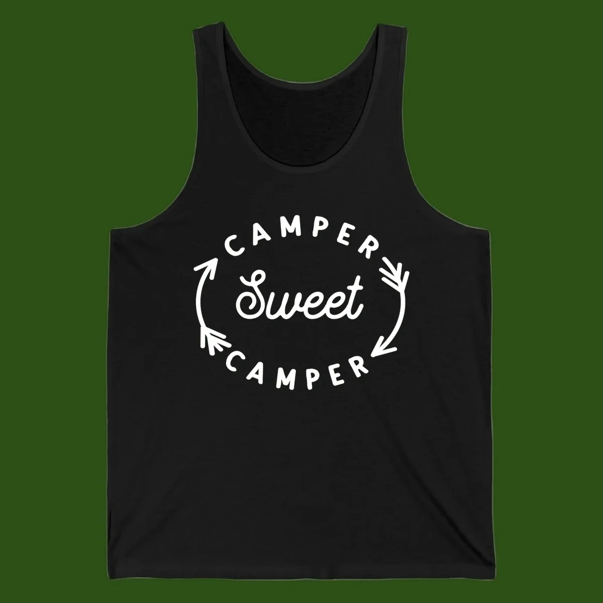 Circular badge design with 'Camper Sweet Camper' text and pine branch decorations in white on gray background
