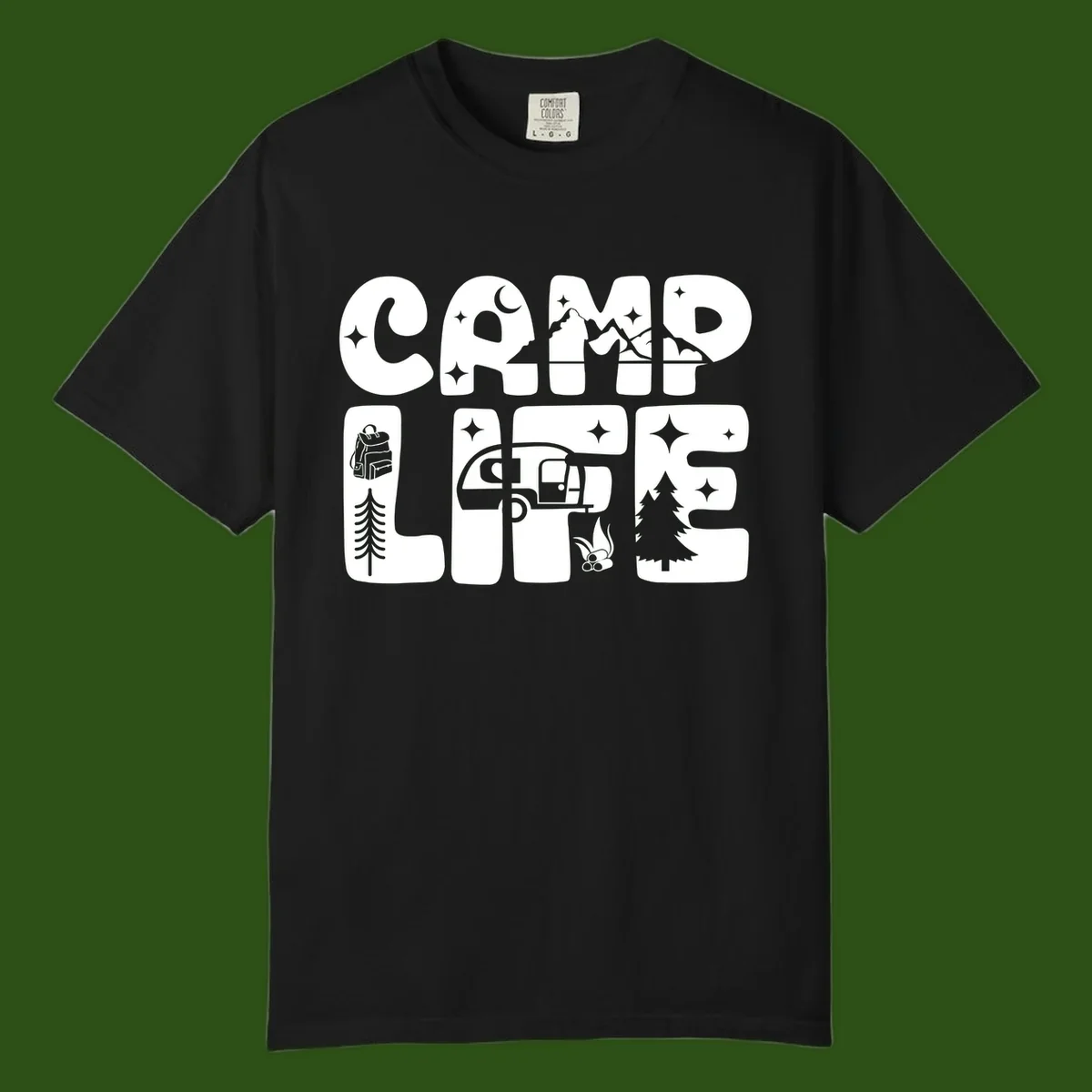 Camp life grid design featuring mountains, RV, campfire, trees, and hiking silhouette with moon and stars in monochrome illustration