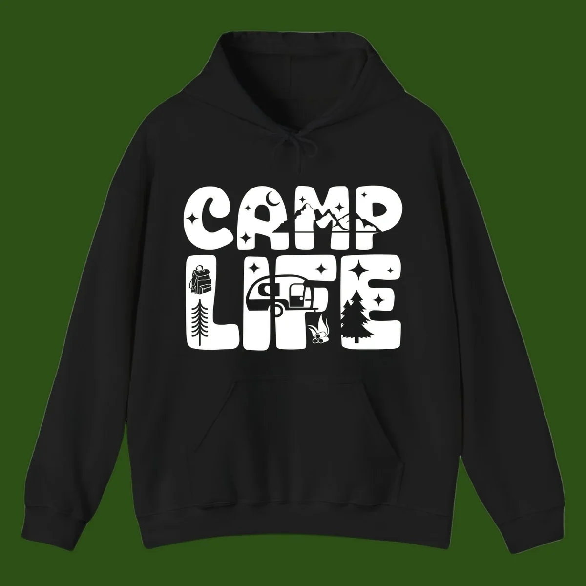 Camp life grid design featuring mountains, RV, campfire, trees, and hiking silhouette with moon and stars in monochrome illustration