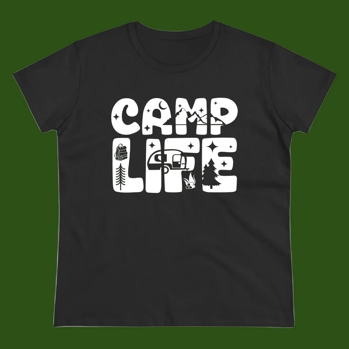 Camp life grid design featuring mountains, RV, campfire, trees, and hiking silhouette with moon and stars in monochrome illustration