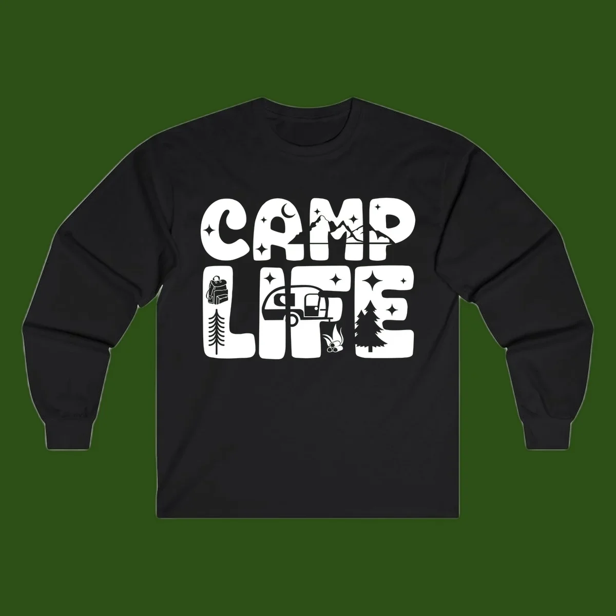Camp life grid design featuring mountains, RV, campfire, trees, and hiking silhouette with moon and stars in monochrome illustration