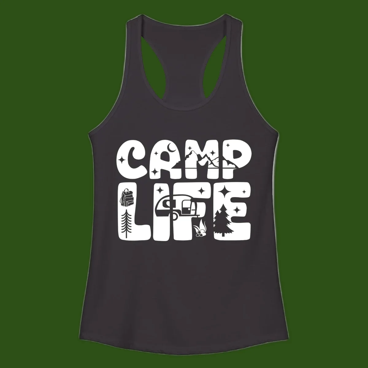 Camp life grid design featuring mountains, RV, campfire, trees, and hiking silhouette with moon and stars in monochrome illustration