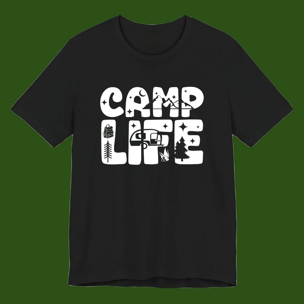 Camp life grid design featuring mountains, RV, campfire, trees, and hiking silhouette with moon and stars in monochrome illustration