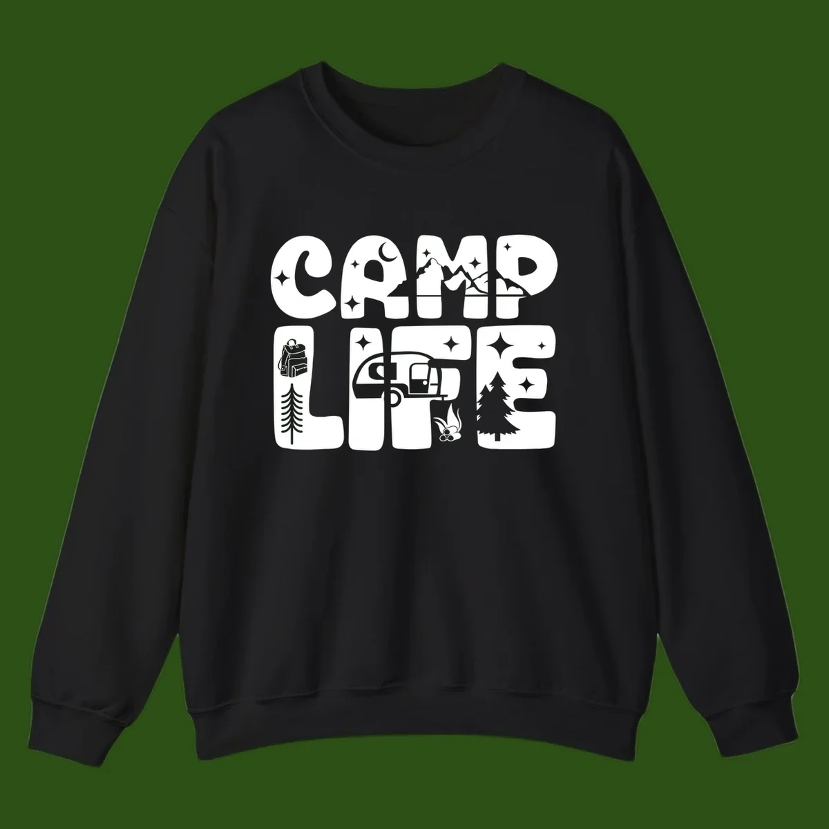 Camp life grid design featuring mountains, RV, campfire, trees, and hiking silhouette with moon and stars in monochrome illustration
