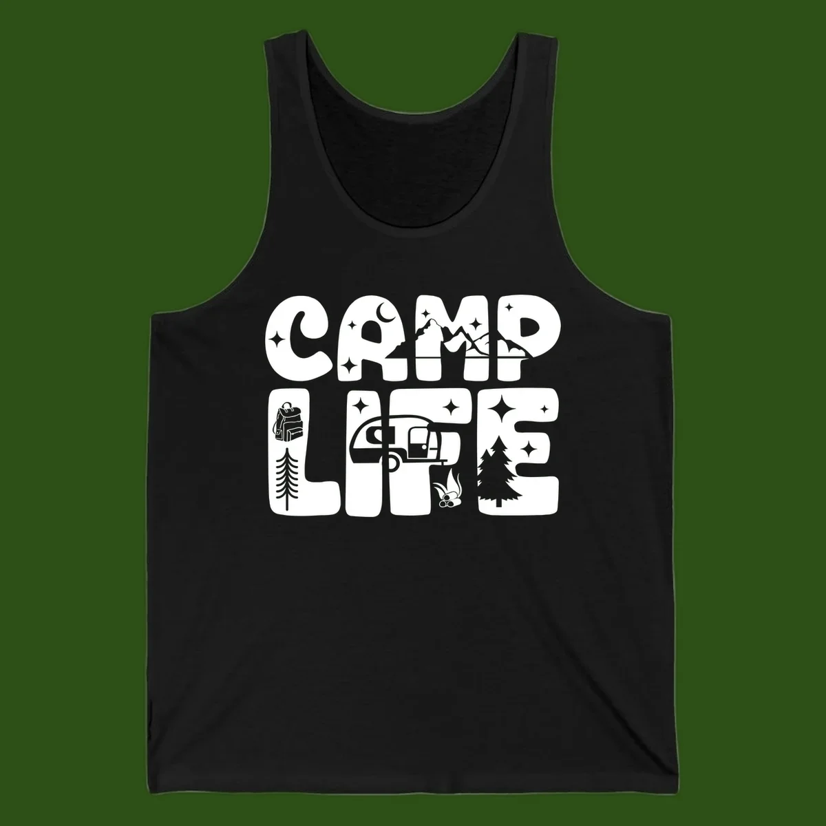 Camp life grid design featuring mountains, RV, campfire, trees, and hiking silhouette with moon and stars in monochrome illustration