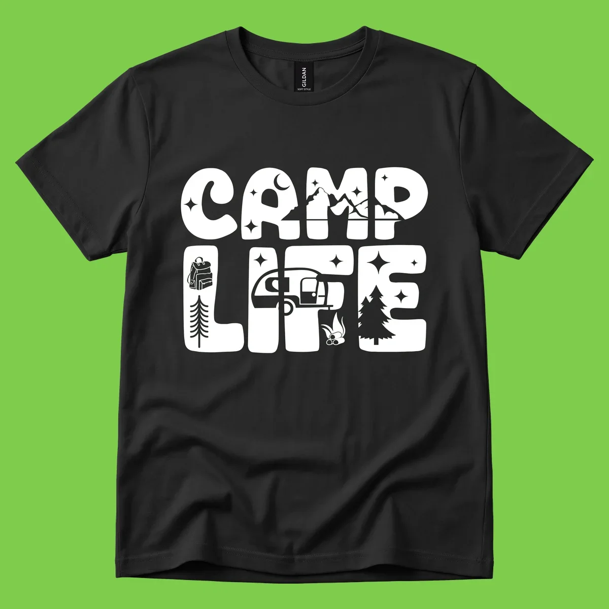 Camp life grid design featuring mountains, RV, campfire, trees, and hiking silhouette with moon and stars in monochrome illustration