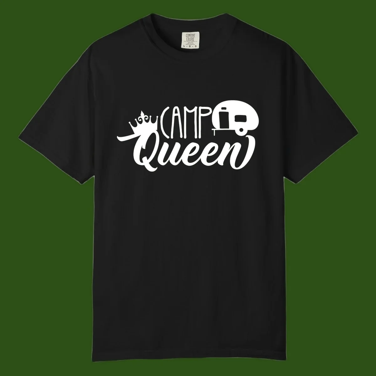 Camp queen glamping design with crown, vintage RV trailer, and script lettering on gray background