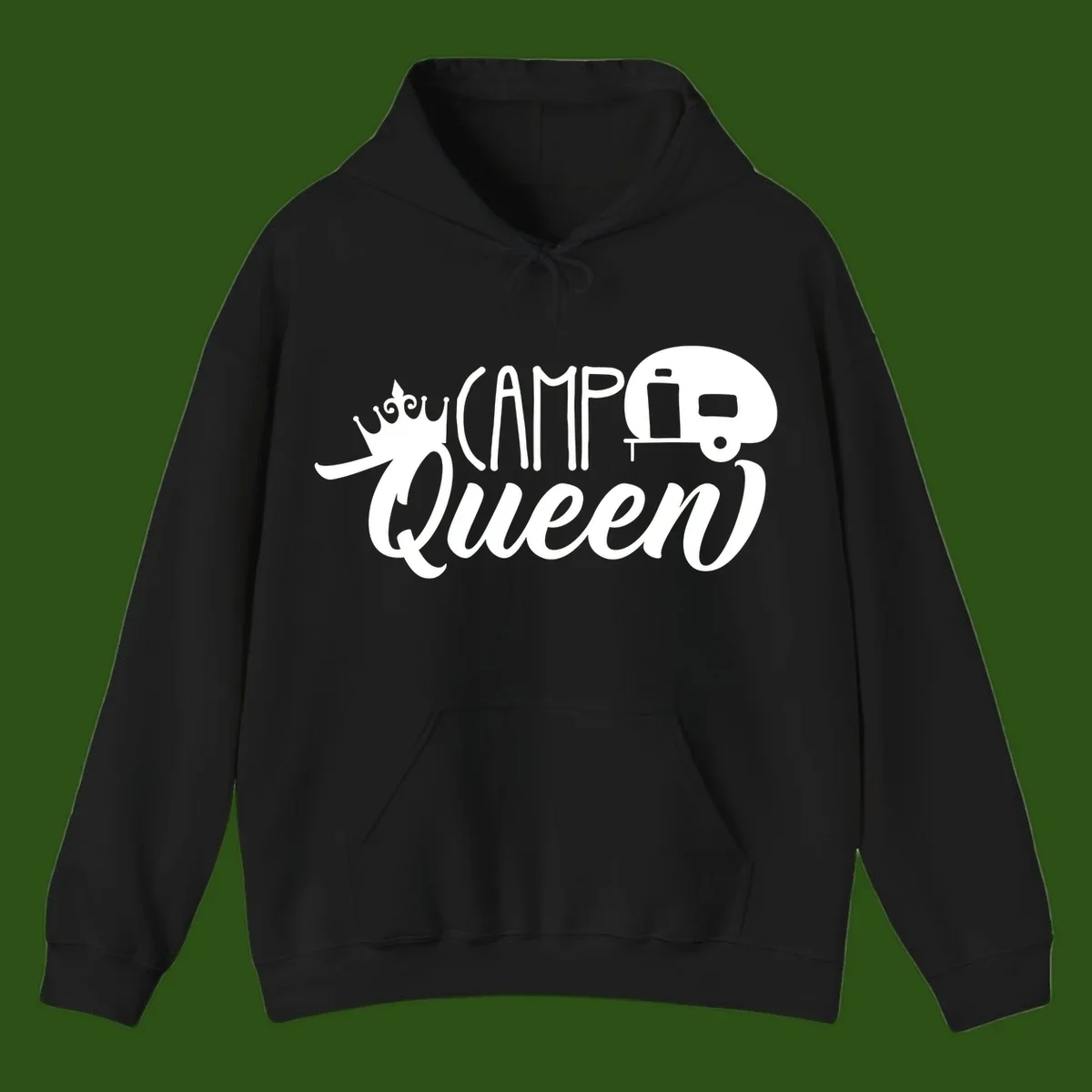 Camp queen glamping design with crown, vintage RV trailer, and script lettering on gray background