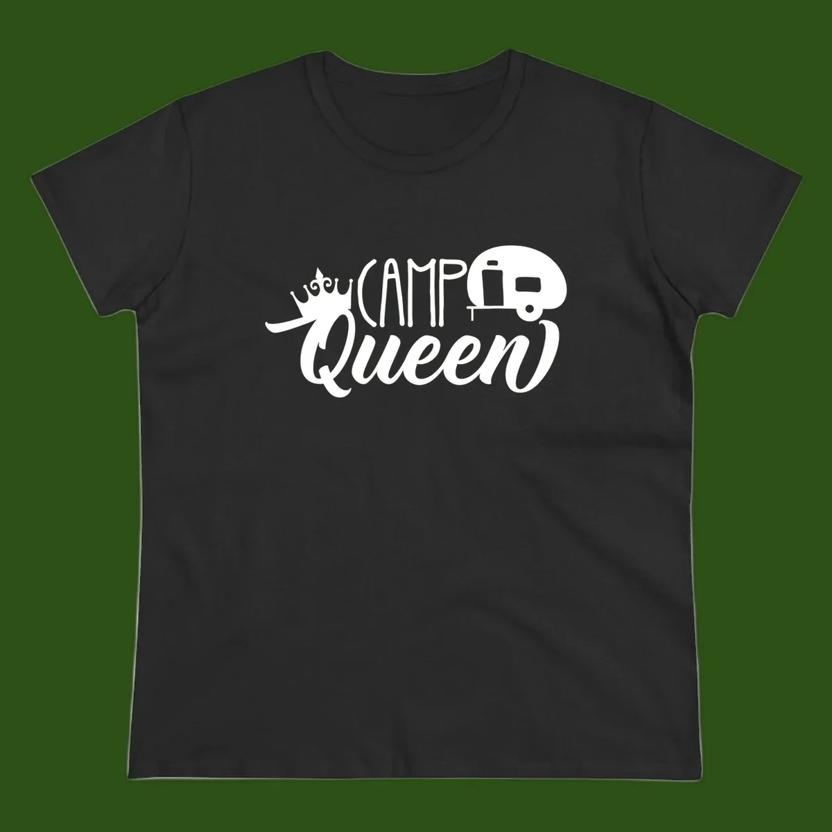 Camp queen glamping design with crown, vintage RV trailer, and script lettering on gray background