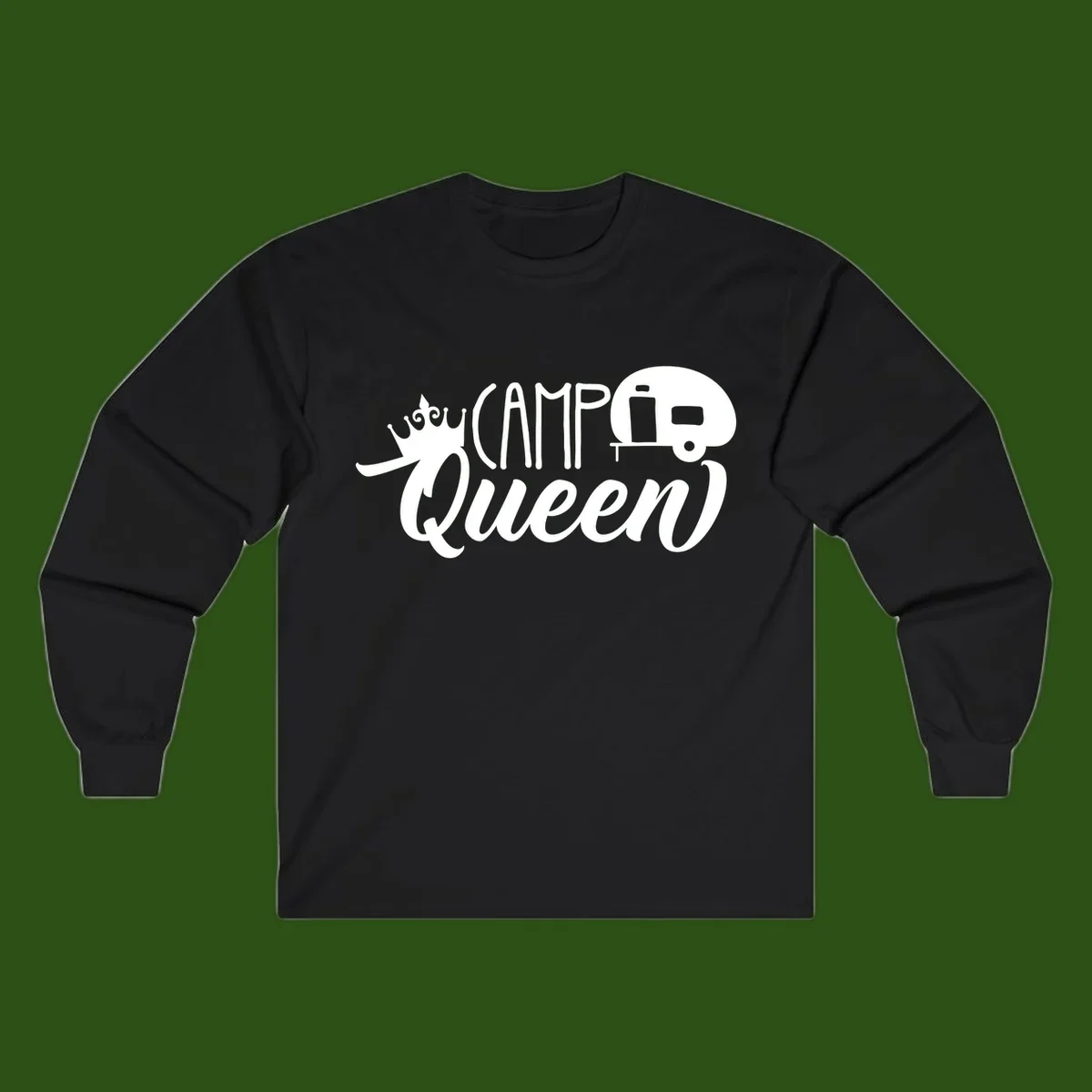 Camp queen glamping design with crown, vintage RV trailer, and script lettering on gray background