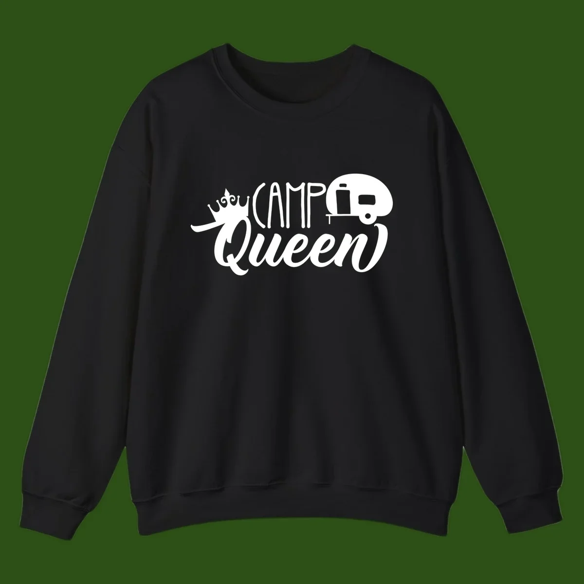 Camp queen glamping design with crown, vintage RV trailer, and script lettering on gray background