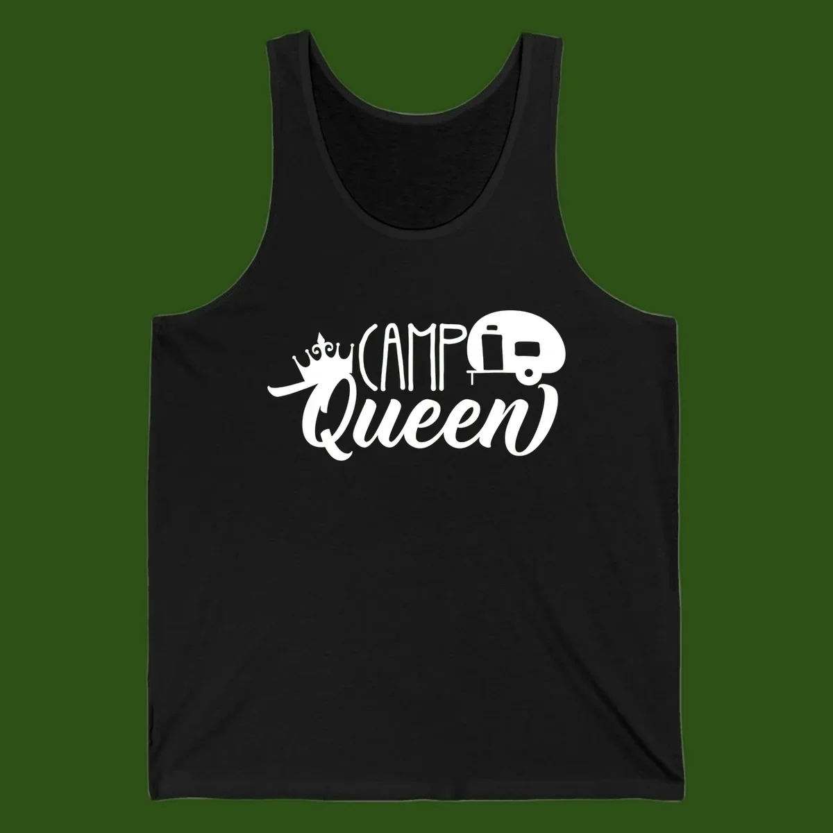 Camp queen glamping design with crown, vintage RV trailer, and script lettering on gray background