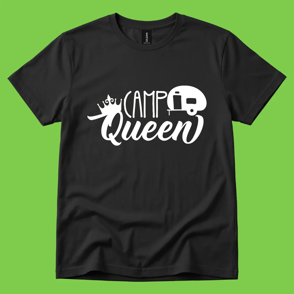 Camp queen glamping design with crown, vintage RV trailer, and script lettering on gray background