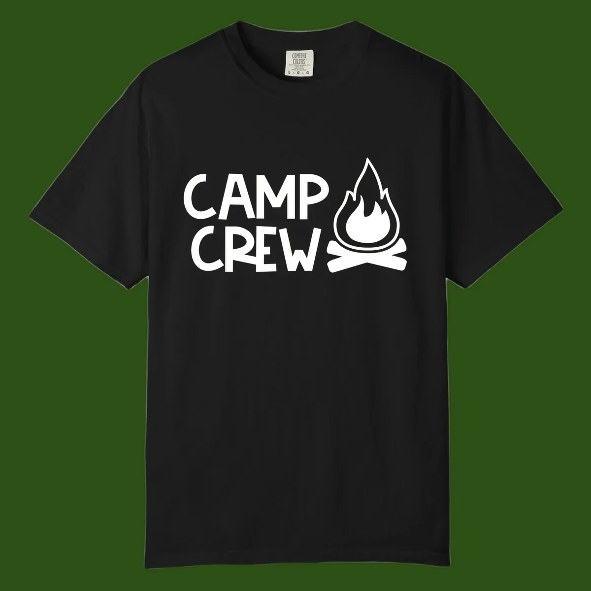 Camp crew campfire design with white text and stylized flames above crossed logs on gray background