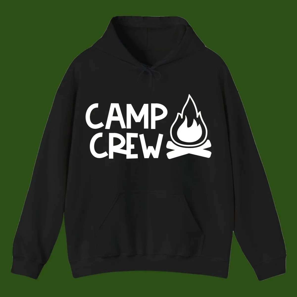 Camp crew campfire design with white text and stylized flames above crossed logs on gray background