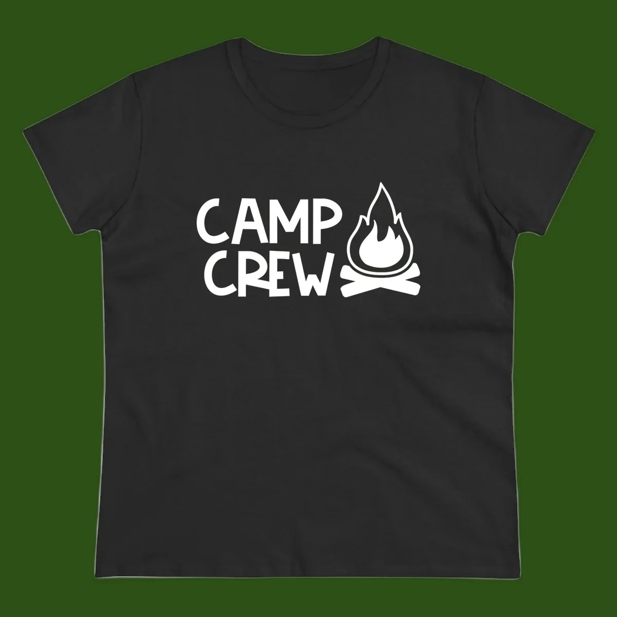 Camp crew campfire design with white text and stylized flames above crossed logs on gray background