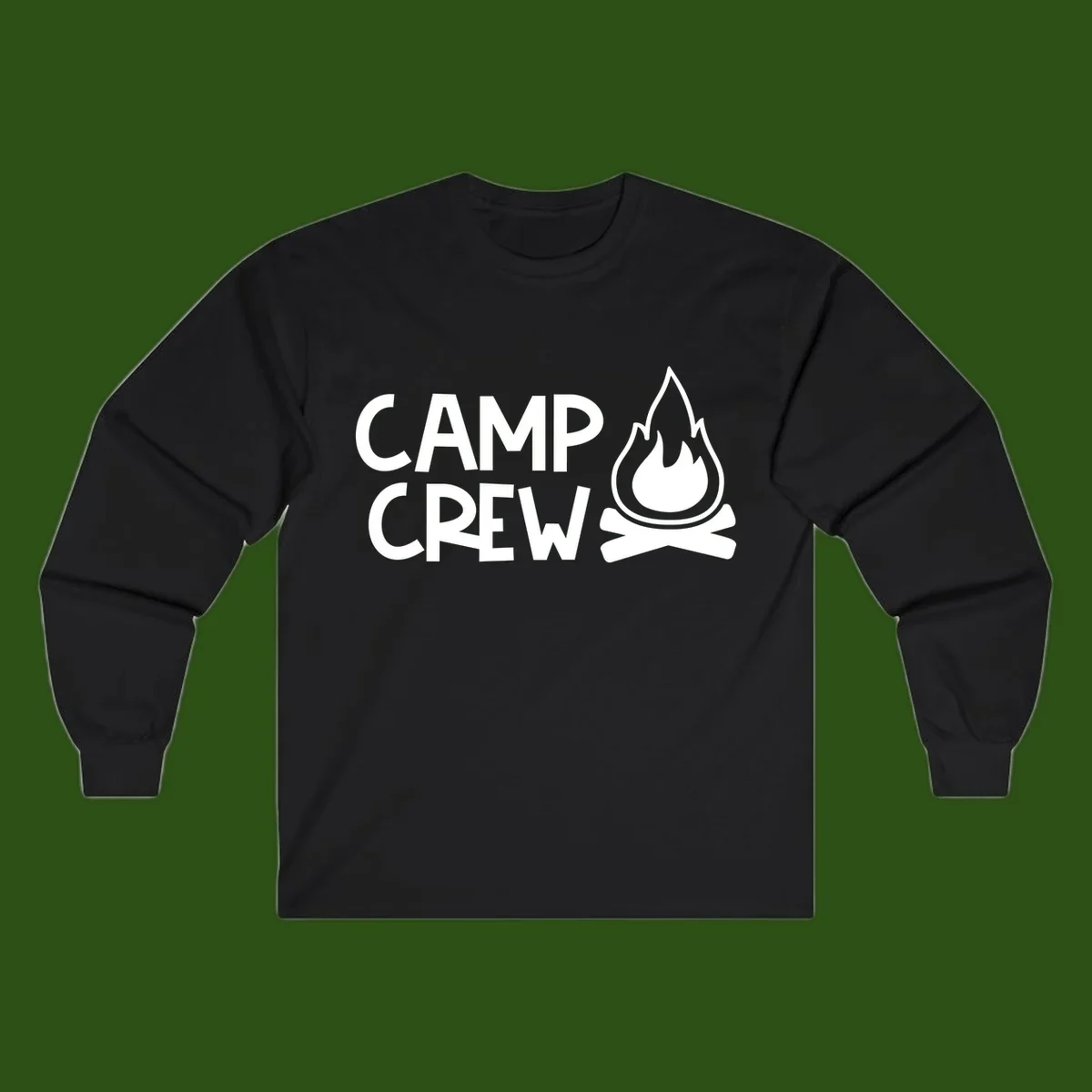 Camp crew campfire design with white text and stylized flames above crossed logs on gray background