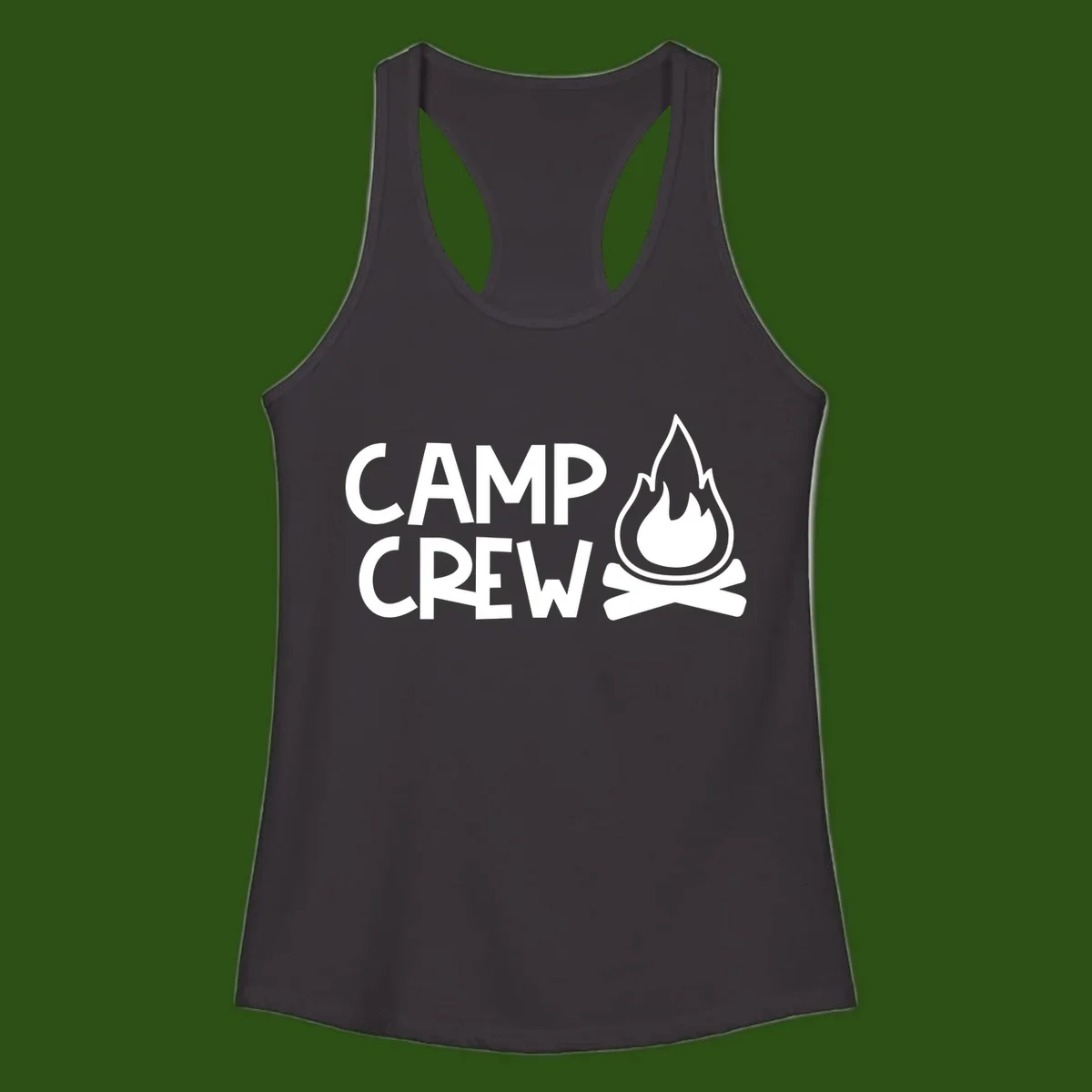 Camp crew campfire design with white text and stylized flames above crossed logs on gray background