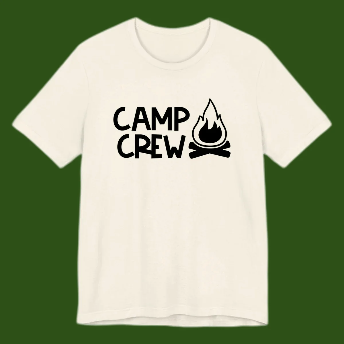 Camp crew campfire design with white text and stylized flames above crossed logs on gray background