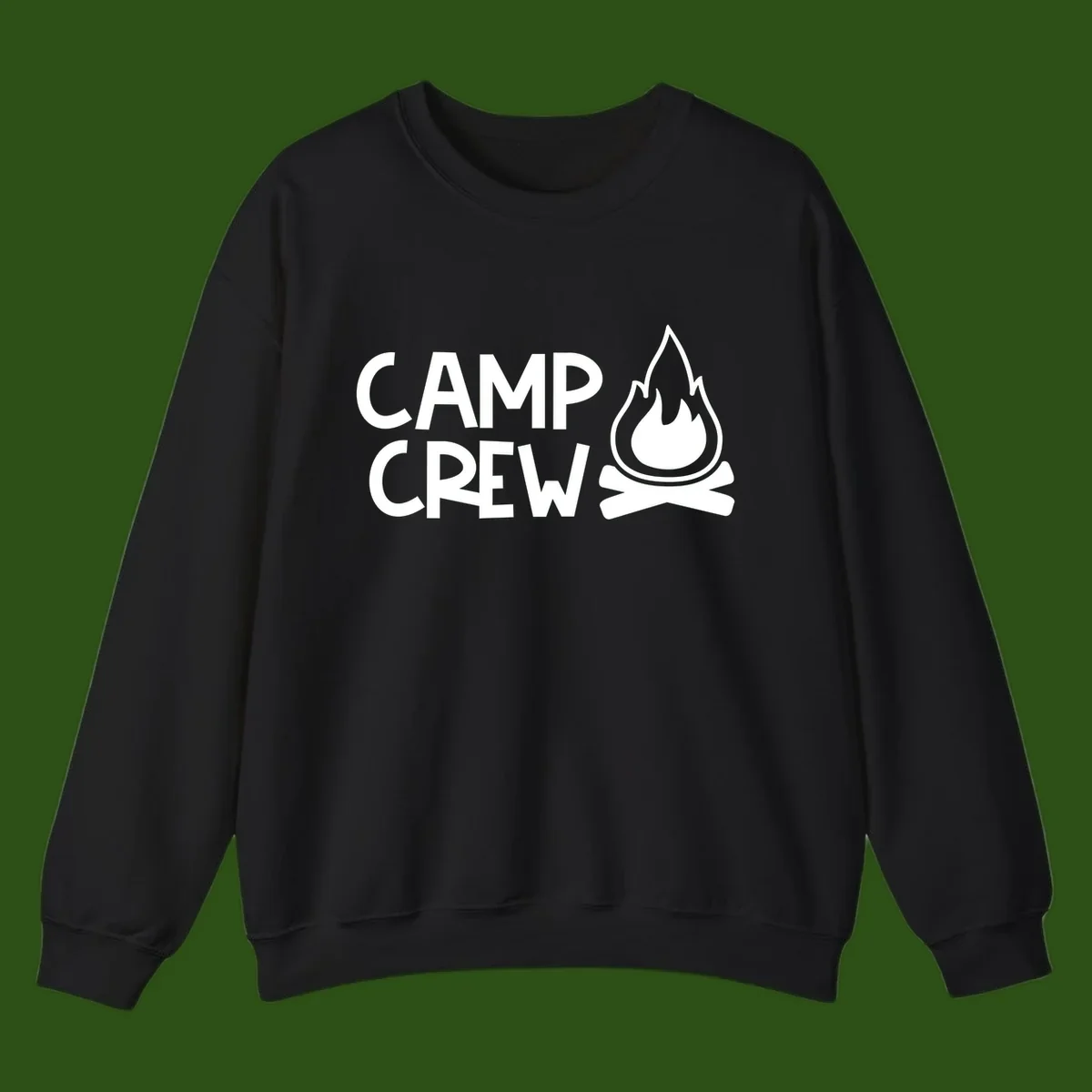 Camp crew campfire design with white text and stylized flames above crossed logs on gray background