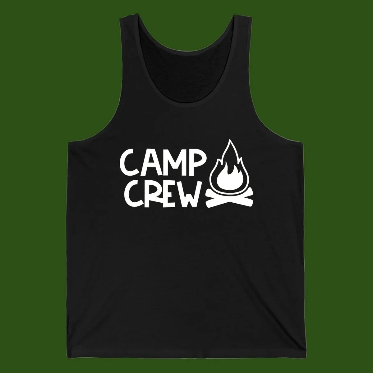 Camp crew campfire design with white text and stylized flames above crossed logs on gray background