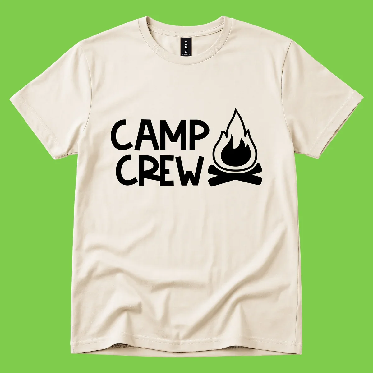 Camp crew campfire design with white text and stylized flames above crossed logs on gray background