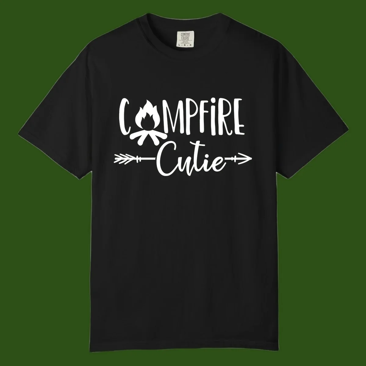 Campfire cutie design with stylized flame icon and decorative arrows on gray background