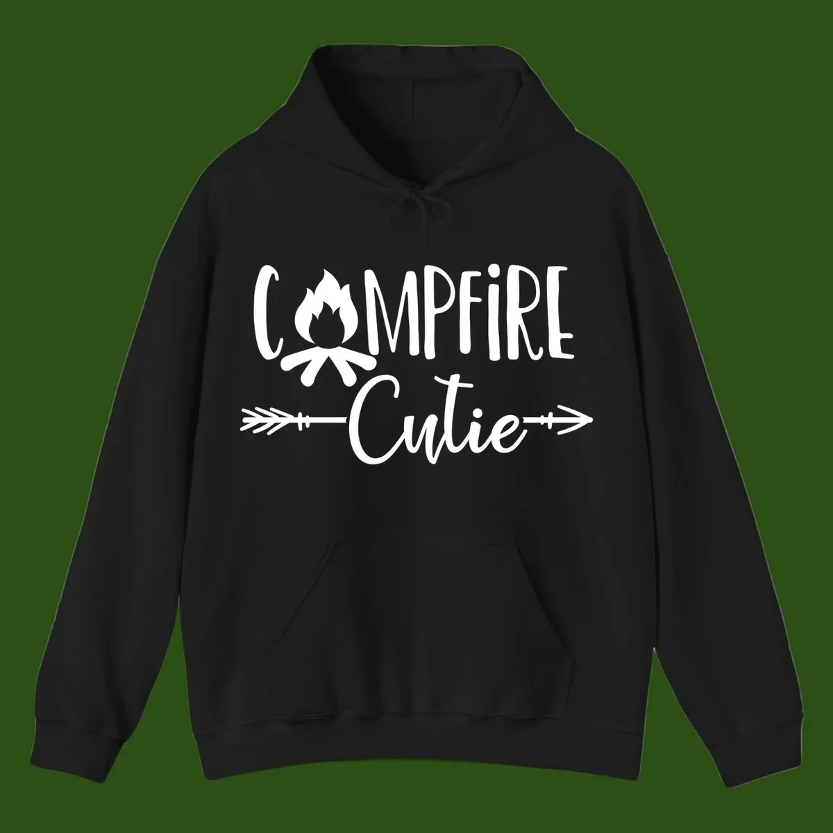 Campfire cutie design with stylized flame icon and decorative arrows on gray background