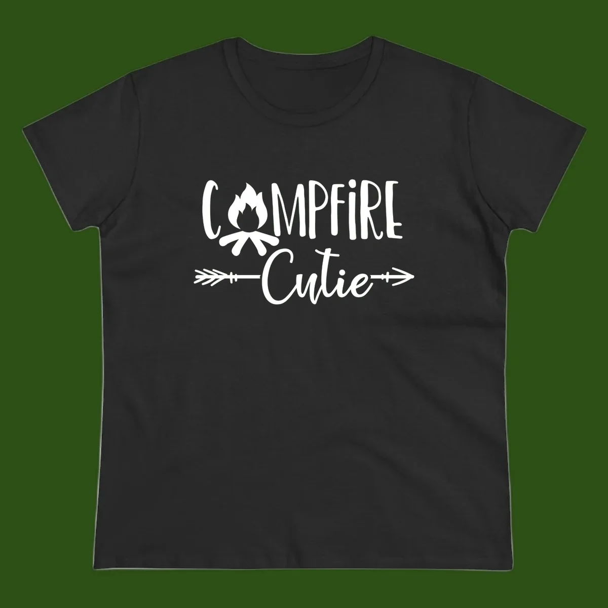 Campfire cutie design with stylized flame icon and decorative arrows on gray background