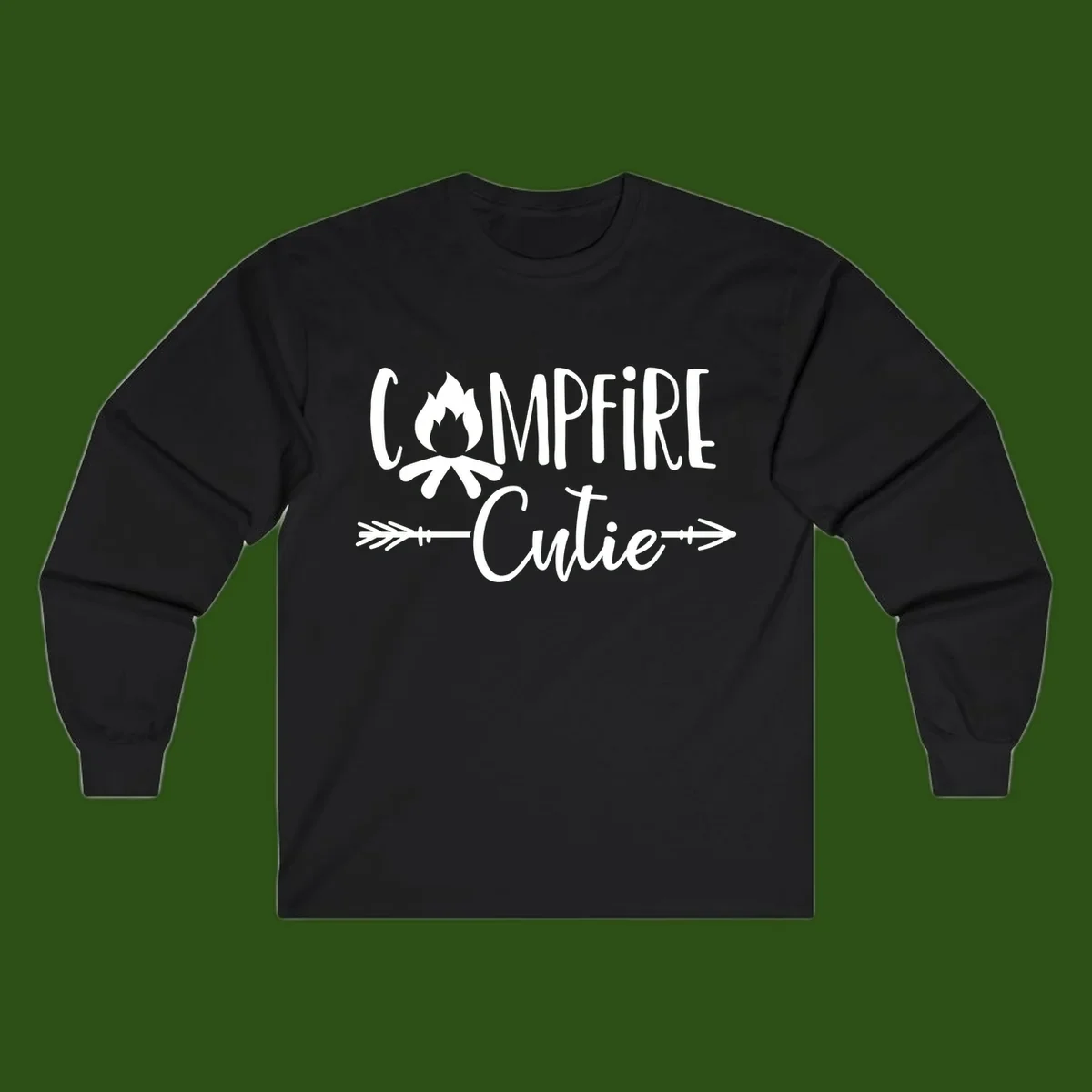 Campfire cutie design with stylized flame icon and decorative arrows on gray background
