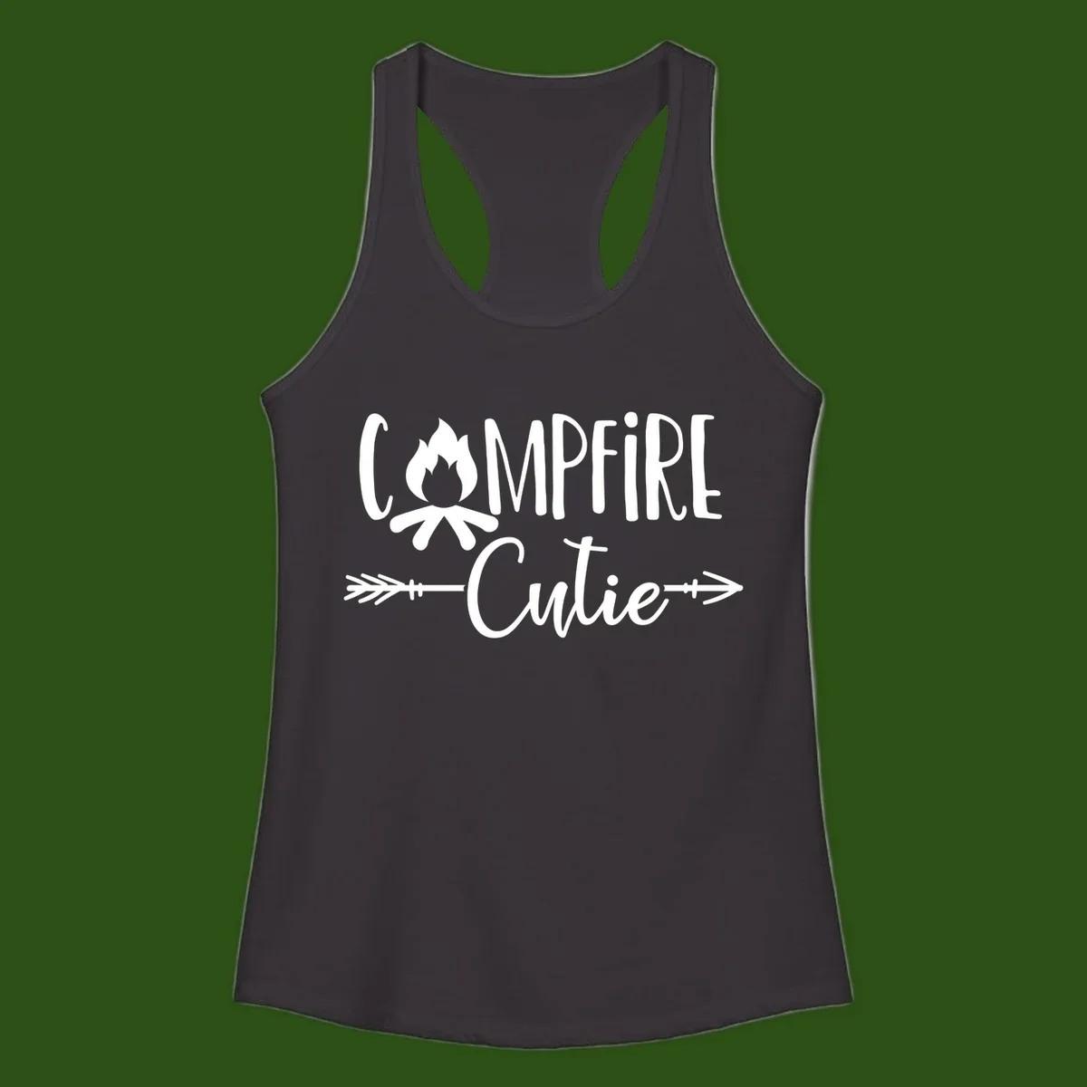 Campfire cutie design with stylized flame icon and decorative arrows on gray background