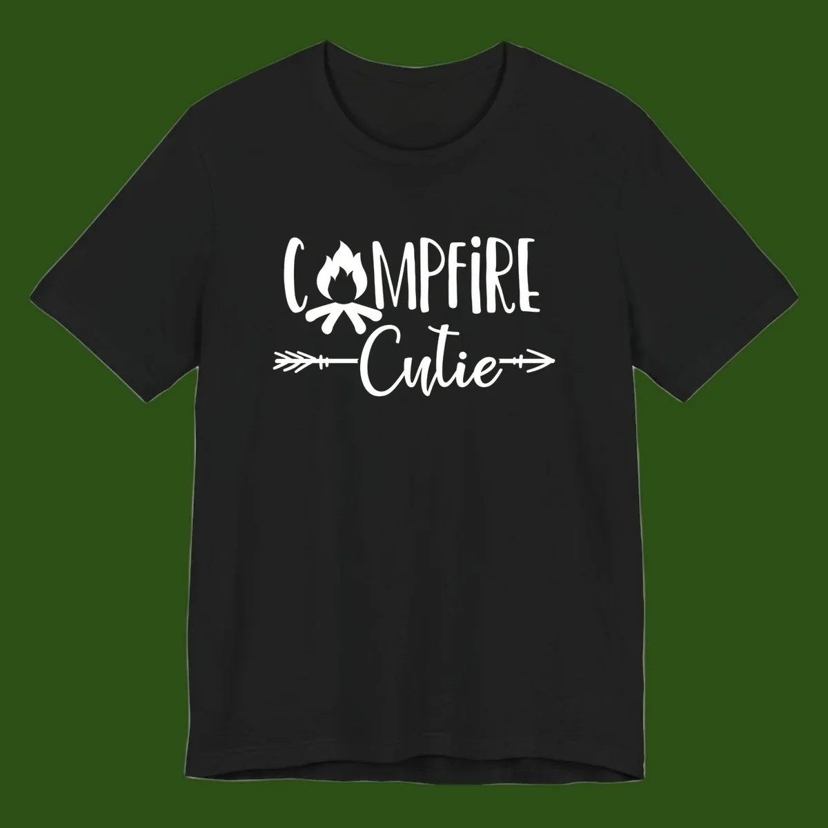 Campfire cutie design with stylized flame icon and decorative arrows on gray background