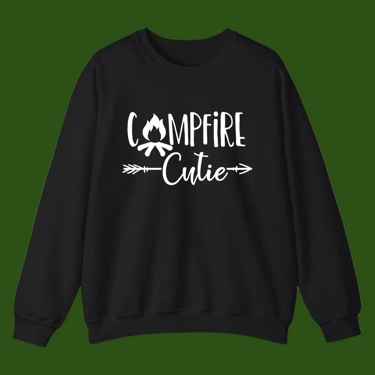 Campfire cutie design with stylized flame icon and decorative arrows on gray background