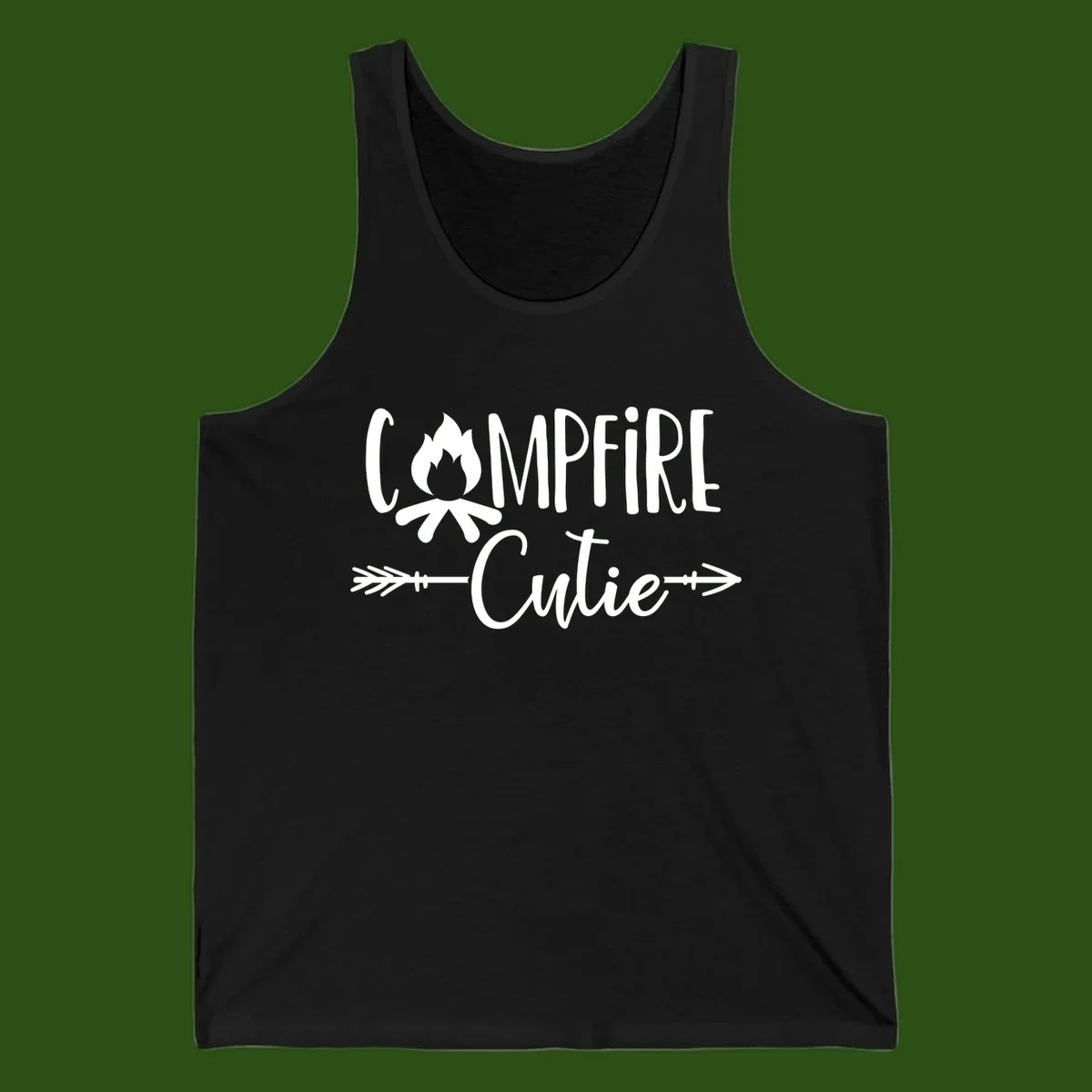 Campfire cutie design with stylized flame icon and decorative arrows on gray background