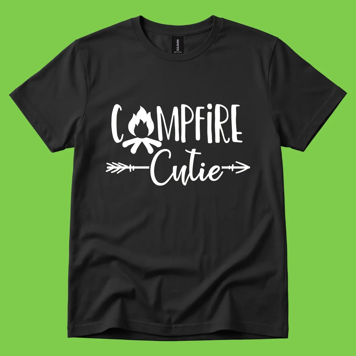 Campfire cutie design with stylized flame icon and decorative arrows on gray background