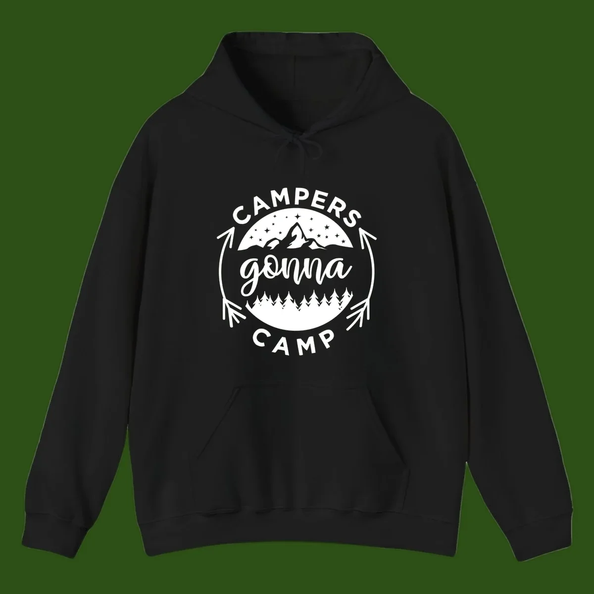 Circular badge design with 'Campers Gonna Camp' text, mountain peaks, starry sky, and pine forest illustration.