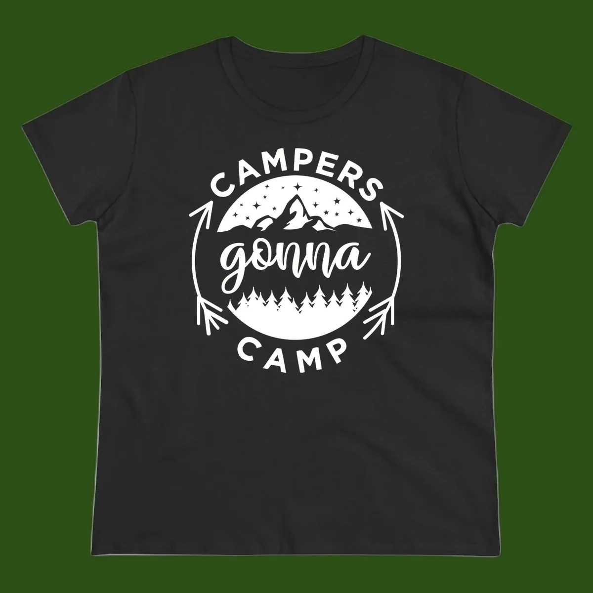 Circular badge design with 'Campers Gonna Camp' text, mountain peaks, starry sky, and pine forest illustration.
