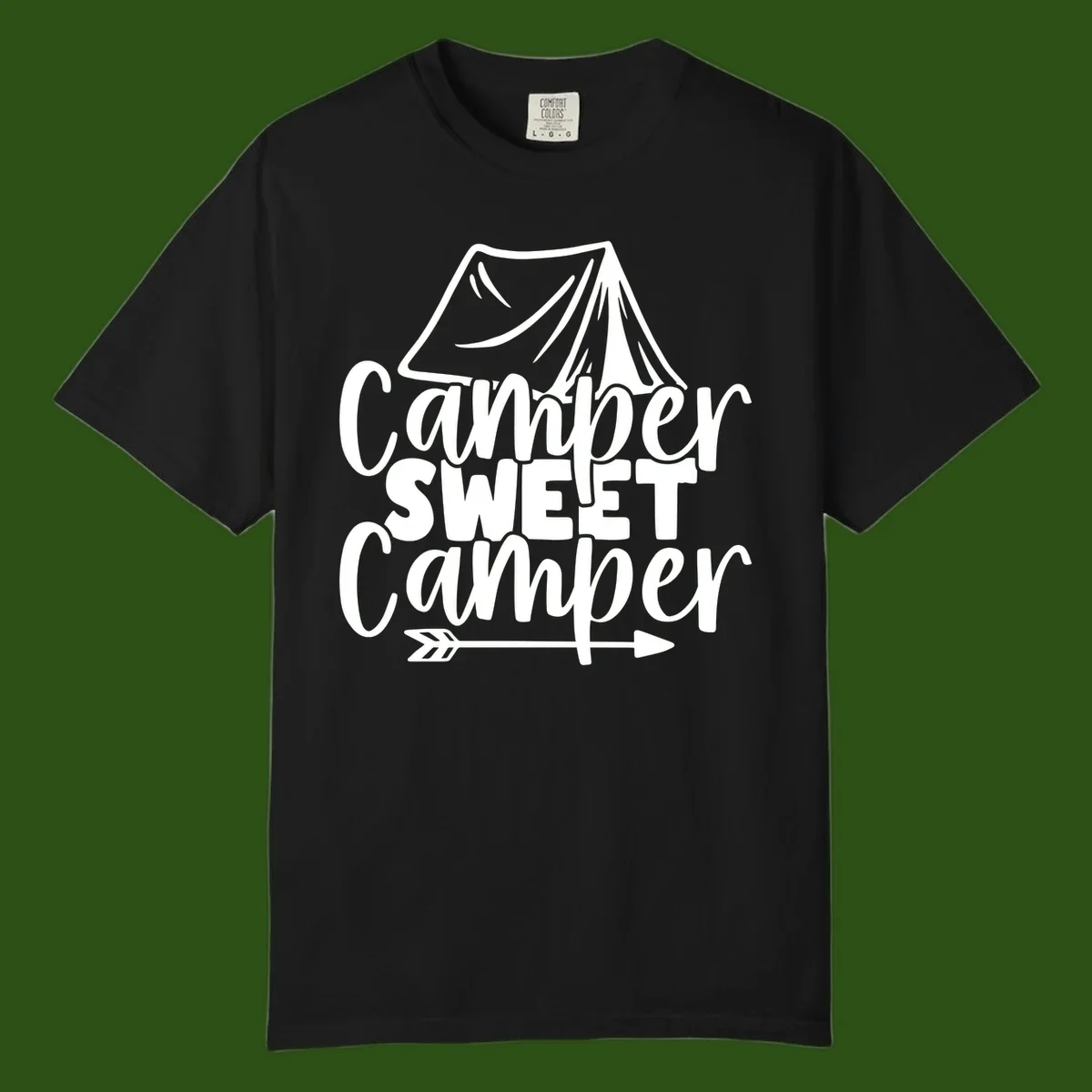 Camper Sweet Camper design with tent illustration and playful camping text