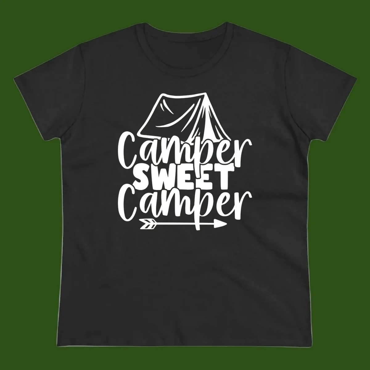 Camper Sweet Camper design with tent illustration and playful camping text