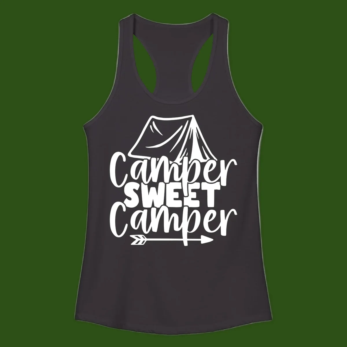 Camper Sweet Camper design with tent illustration and playful camping text