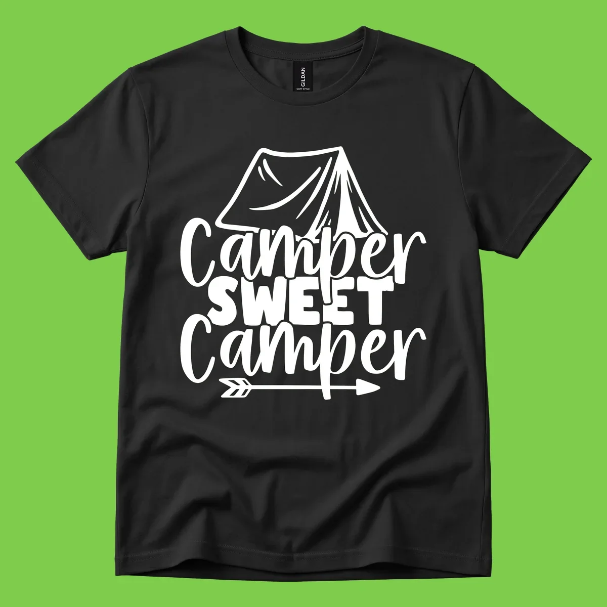 Camper Sweet Camper design with tent illustration and playful camping text