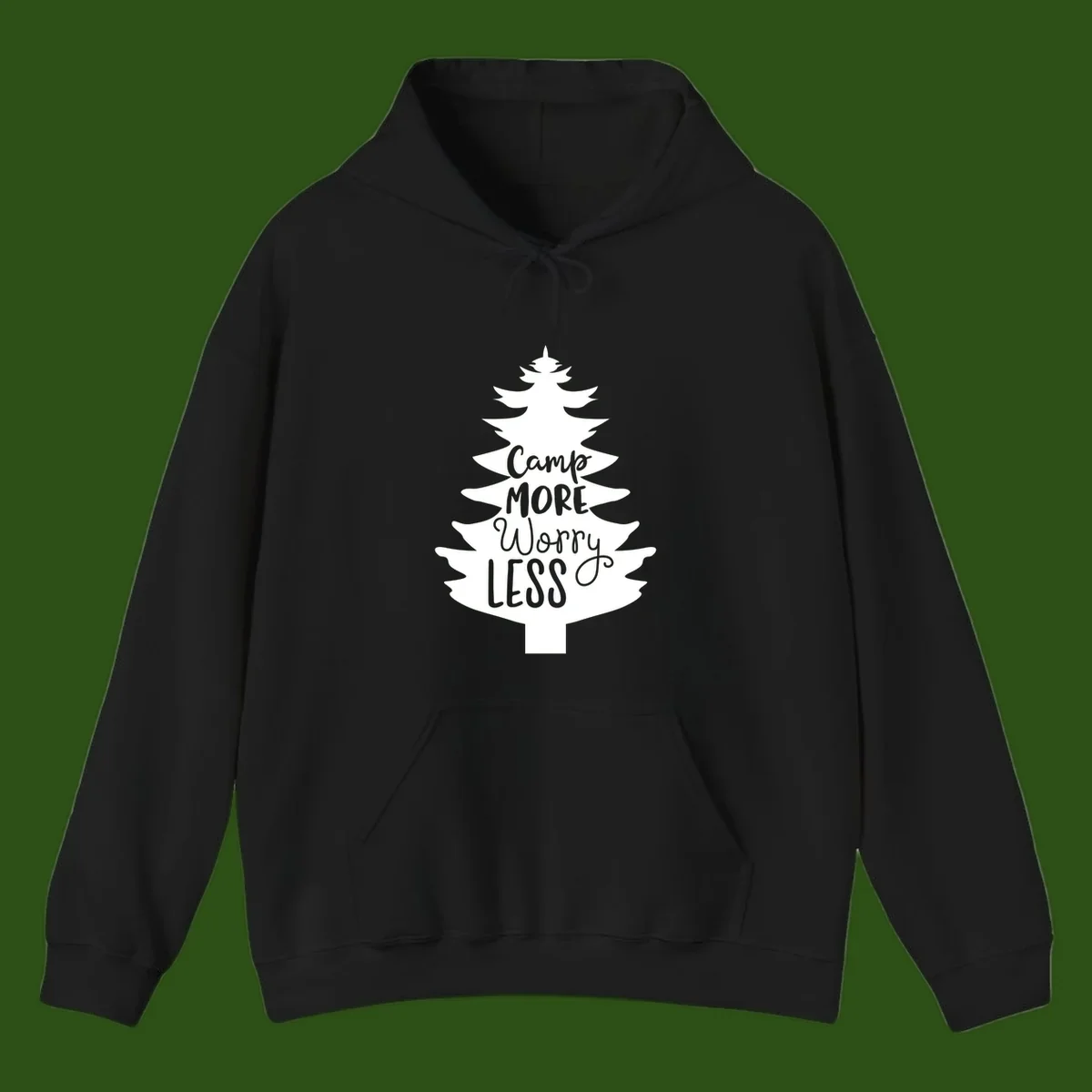 White evergreen tree silhouette with text reading 'Camp MORE Worry LESS' centered in the branches on gray background