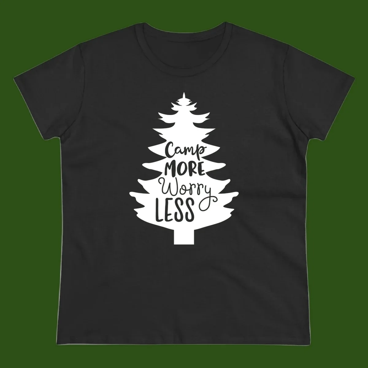 White evergreen tree silhouette with text reading 'Camp MORE Worry LESS' centered in the branches on gray background